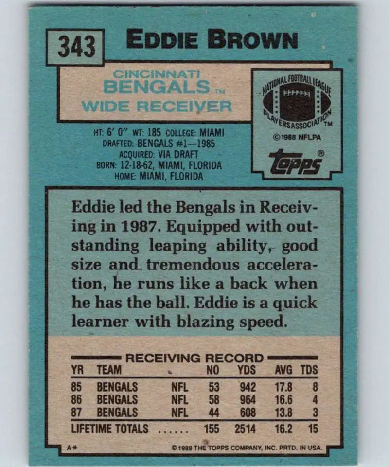1988 Topps #343 Eddie Brown EX Excellent Cincinnati Bengals Football Card - Football Card Single