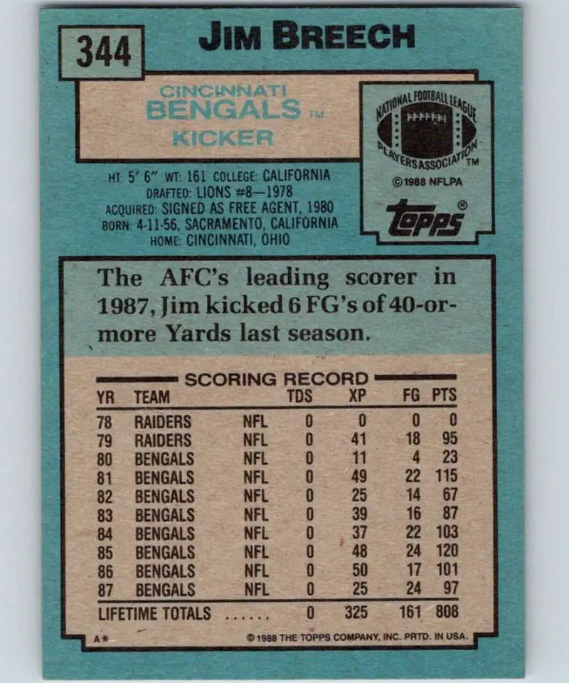 1988 Topps #344 Jim Breech EX Excellent Cincinnati Bengals Football Card - Football Card Single