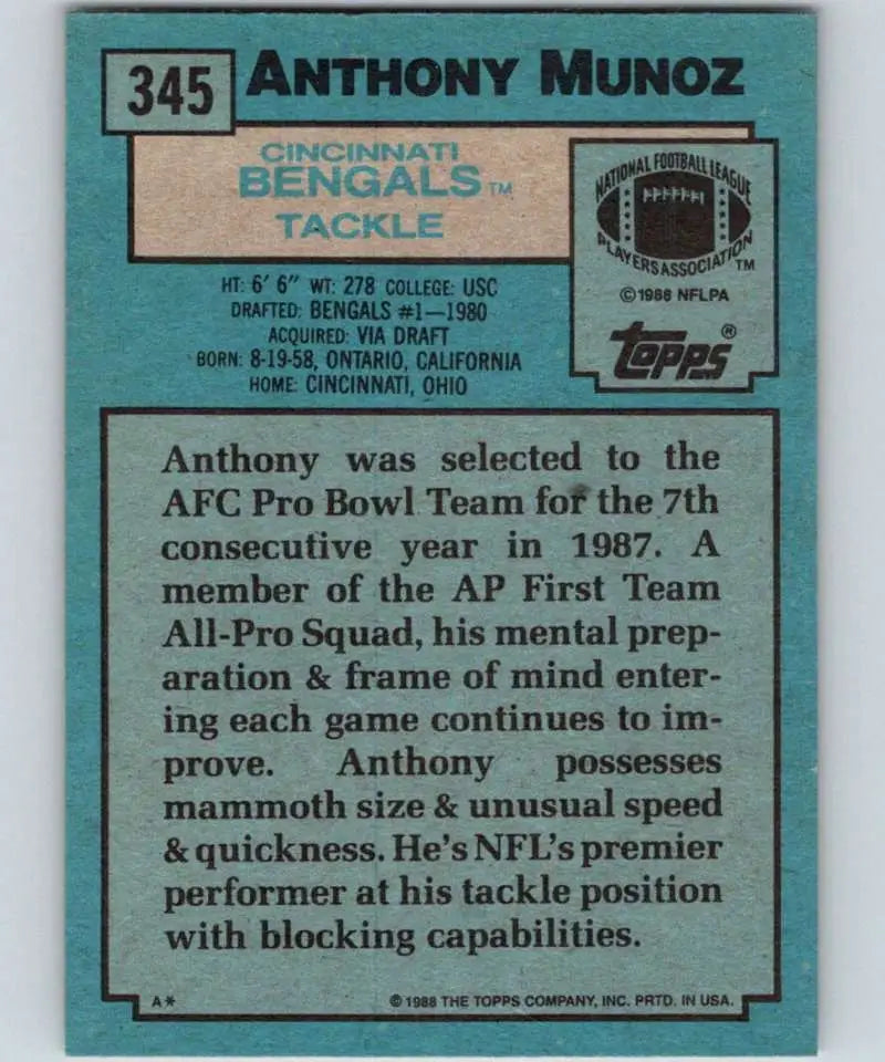 1988 Topps #345 Anthony Munoz EX Excellent Cincinnati Bengals Football Card - Football Card Single