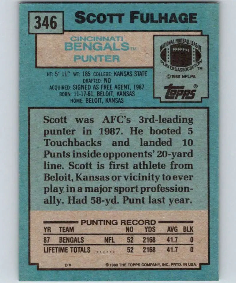 1988 Topps #346 Scott Fulhage EX Excellent RC Rookie Cincinnati Bengals Football Card - Football Card Single