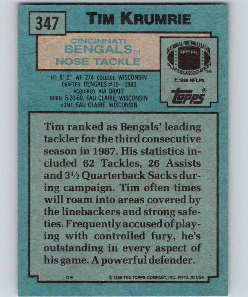 1988 Topps #347 Tim Krumrie EX Excellent RC Rookie Cincinnati Bengals Football Card - Football Card Single