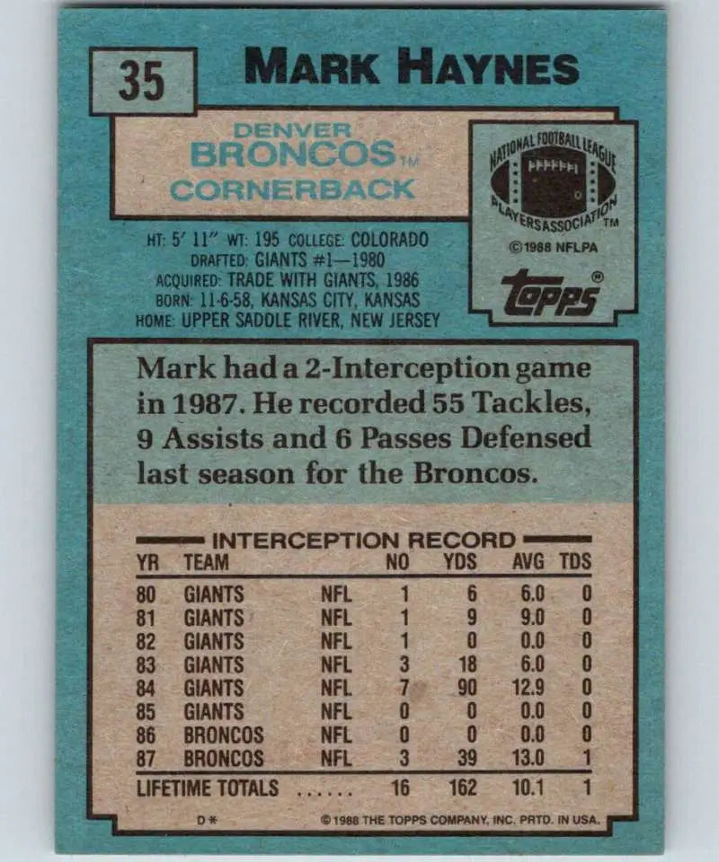 1988 Topps #35 Mark Haynes EX Excellent Denver Broncos Football Card