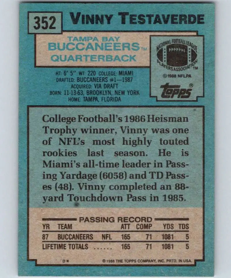 1988 Topps #352 Vinny Testaverde EX Excellent RC Rookie Tampa Bay Buccaneers Football Card