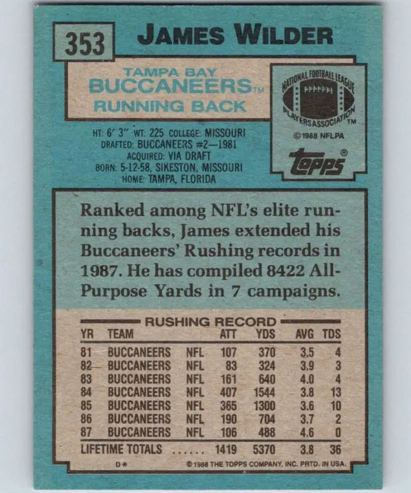 1988 Topps #353 James Wilder EX Excellent Tampa Bay Buccaneers Football Card - Football Card Single