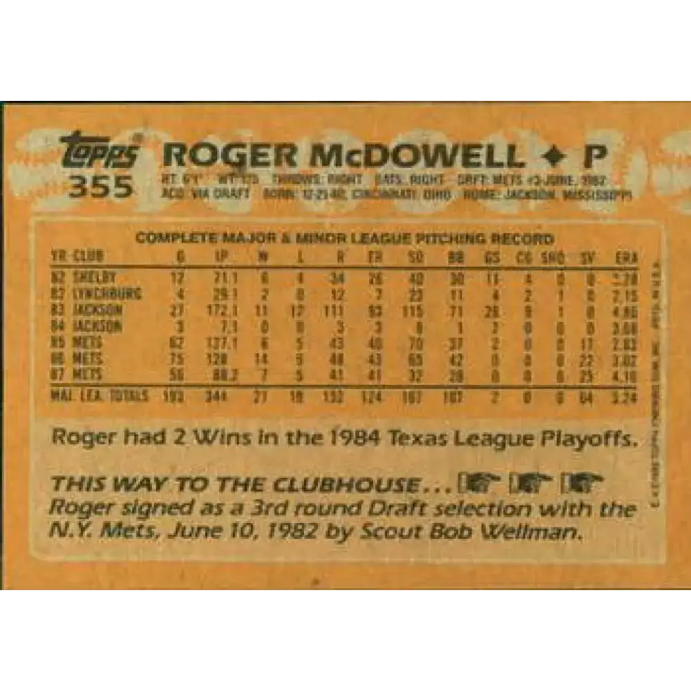 1988 Topps #355 Roger McDowell NM-MT New York Mets Baseball Card - Baseball Card Single