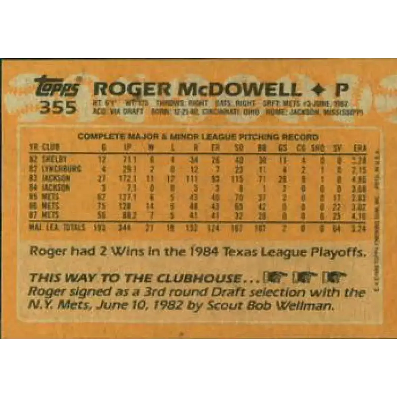 1988 Topps #355 Roger McDowell NM-MT New York Mets Baseball Card - Baseball Card Single