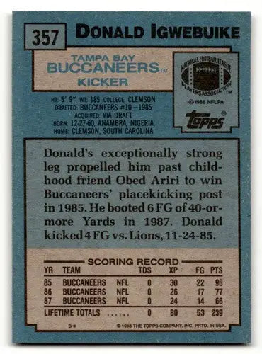 Original gloss Donald Igwebuike Tampa Bay Buccaneers football card from 1988 Topps #357