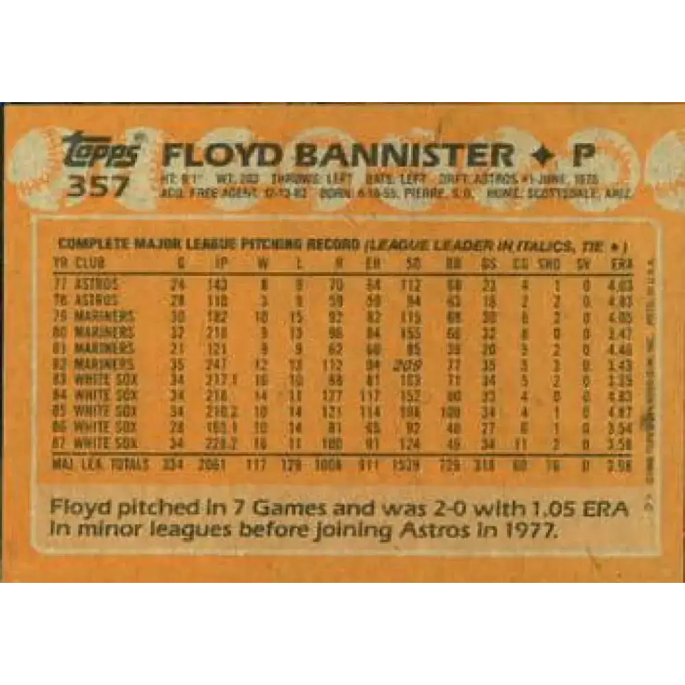 1988 Topps #357 Floyd Bannister NM-MT Chicago White Sox Baseball Card - Baseball Card Single