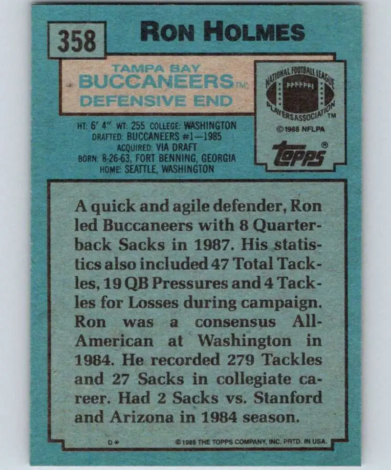 1988 Topps #358 Ron Holmes EX Excellent RC Rookie Tampa Bay Buccaneers Football Card