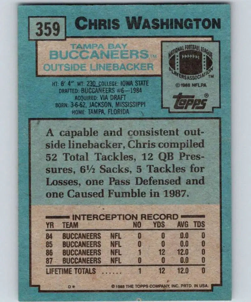 1988 Topps #359 Chris Washington EX Excellent Tampa Bay Buccaneers Football Card - Football Card Single