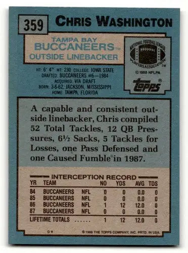 Chris Washington Tampa Bay football card from 1988 Topps #359 showing player image