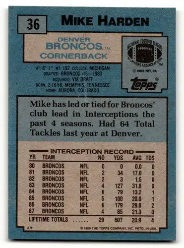 Back of 1988 Topps Mike Harden Denver Broncos football card showing original gloss