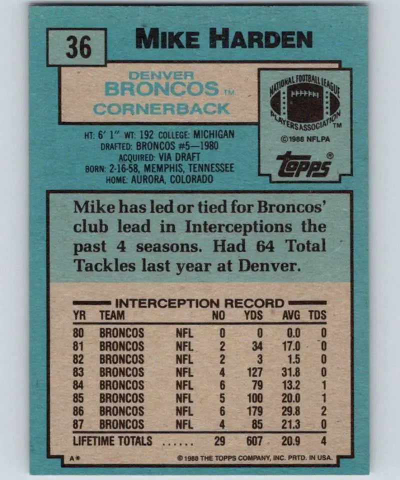 1988 Topps #36 Mike Harden EX Excellent Denver Broncos Football Card - Football Card Single