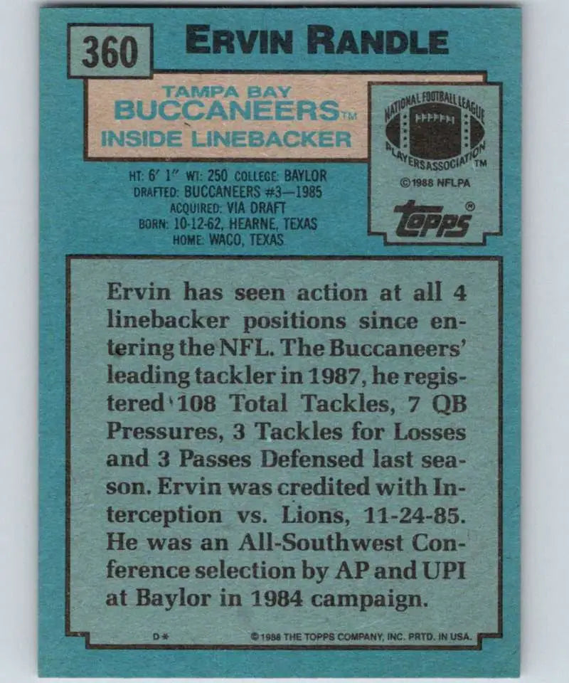1988 Topps #360 Ervin Randle EX Excellent Tampa Bay Buccaneers Football Card - Football Card Single