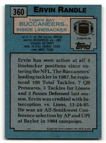 Ervin Randle Tampa Bay Buccaneers football card from 1988 Topps #360 display