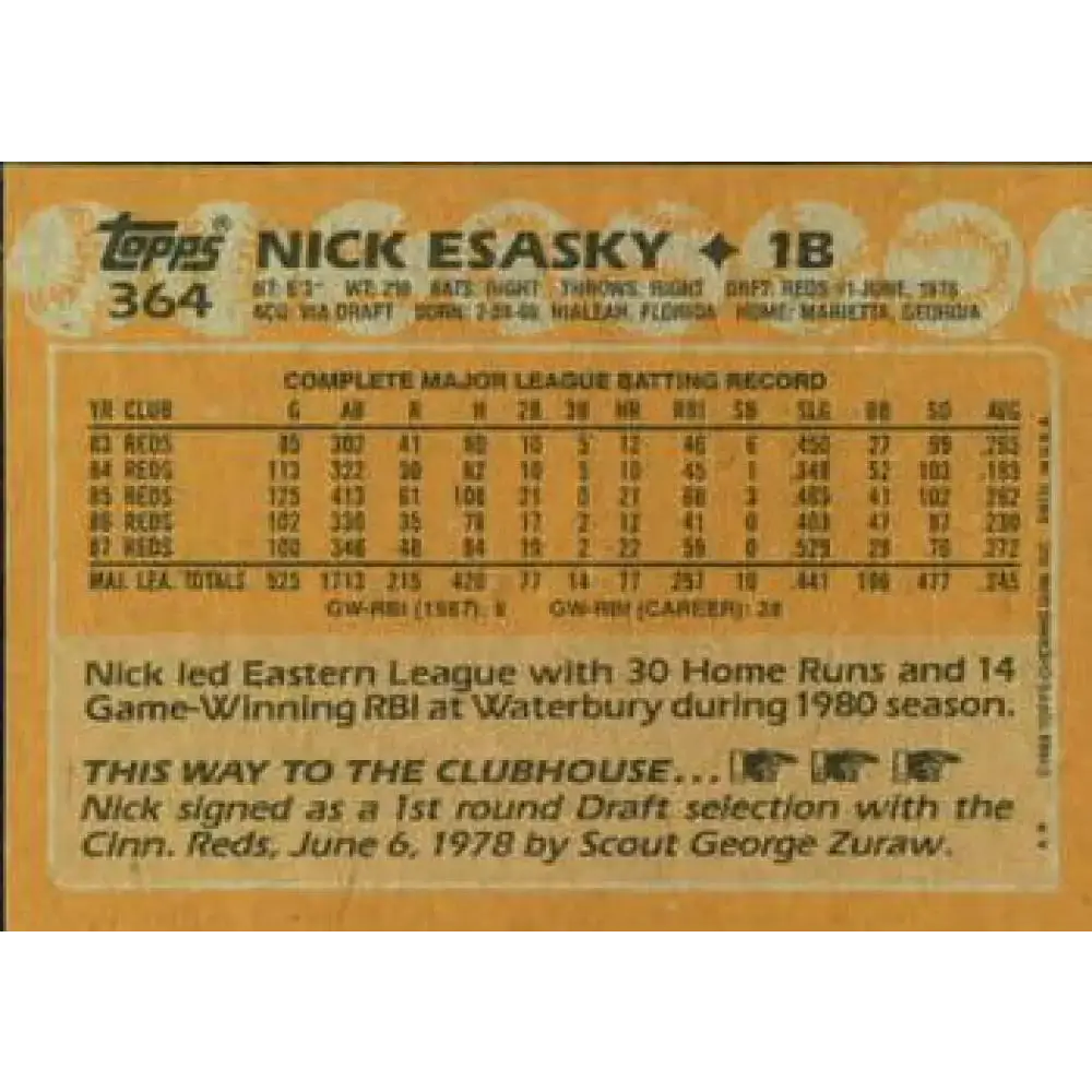 1988 Topps #364 Nick Esasky NM-MT Cincinnati Reds Baseball Card - Baseball Card Single