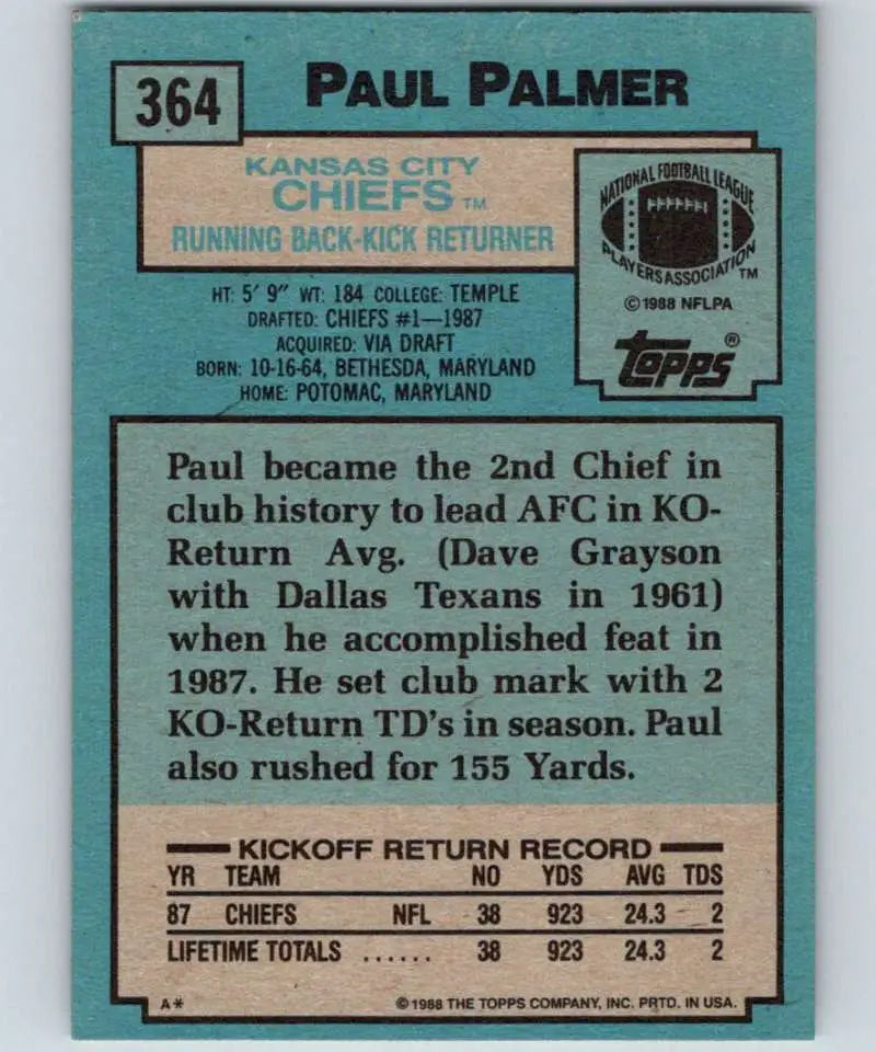 1988 Topps #364 Paul Palmer EX Excellent Kansas City Chiefs Football Card - Football Card Single