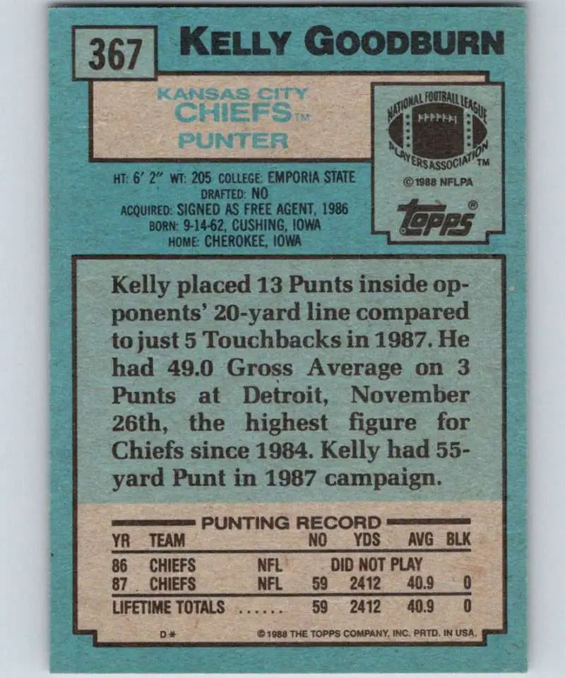 1988 Topps #367 Kelly Goodburn EX Excellent RC Rookie Kansas City Chiefs Football Card - Football Card Single