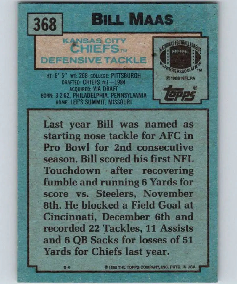 1988 Topps #368 Bill Maas EX Excellent Kansas City Chiefs Football Card - Football Card Single