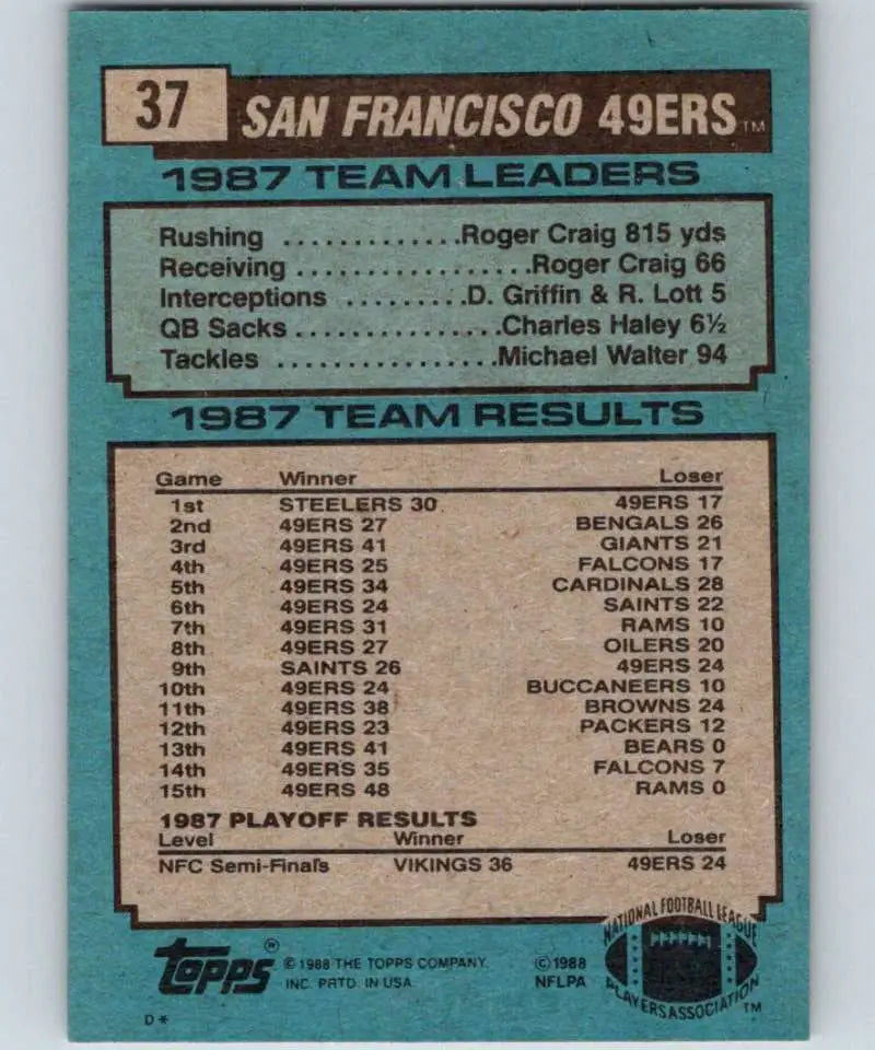 1988 Topps #37 Roger Craig EX Excellent San Francisco 49ers Football Card - Football Card Single