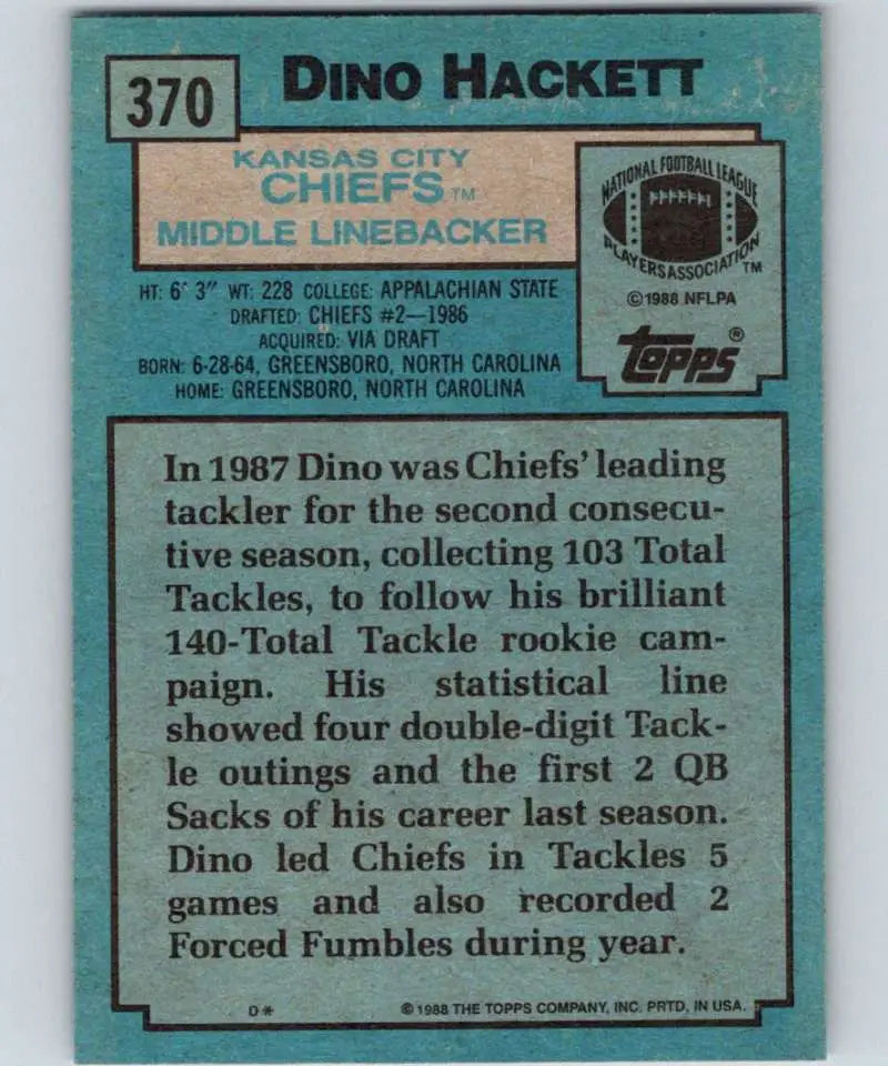 1988 Topps #370 Dino Hackett EX Excellent RC Rookie Kansas City Chiefs Football Card - Football Card Single
