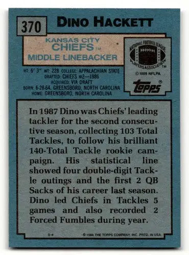 Dino Hackett Kansas City Chiefs football card from 1988 Topps series