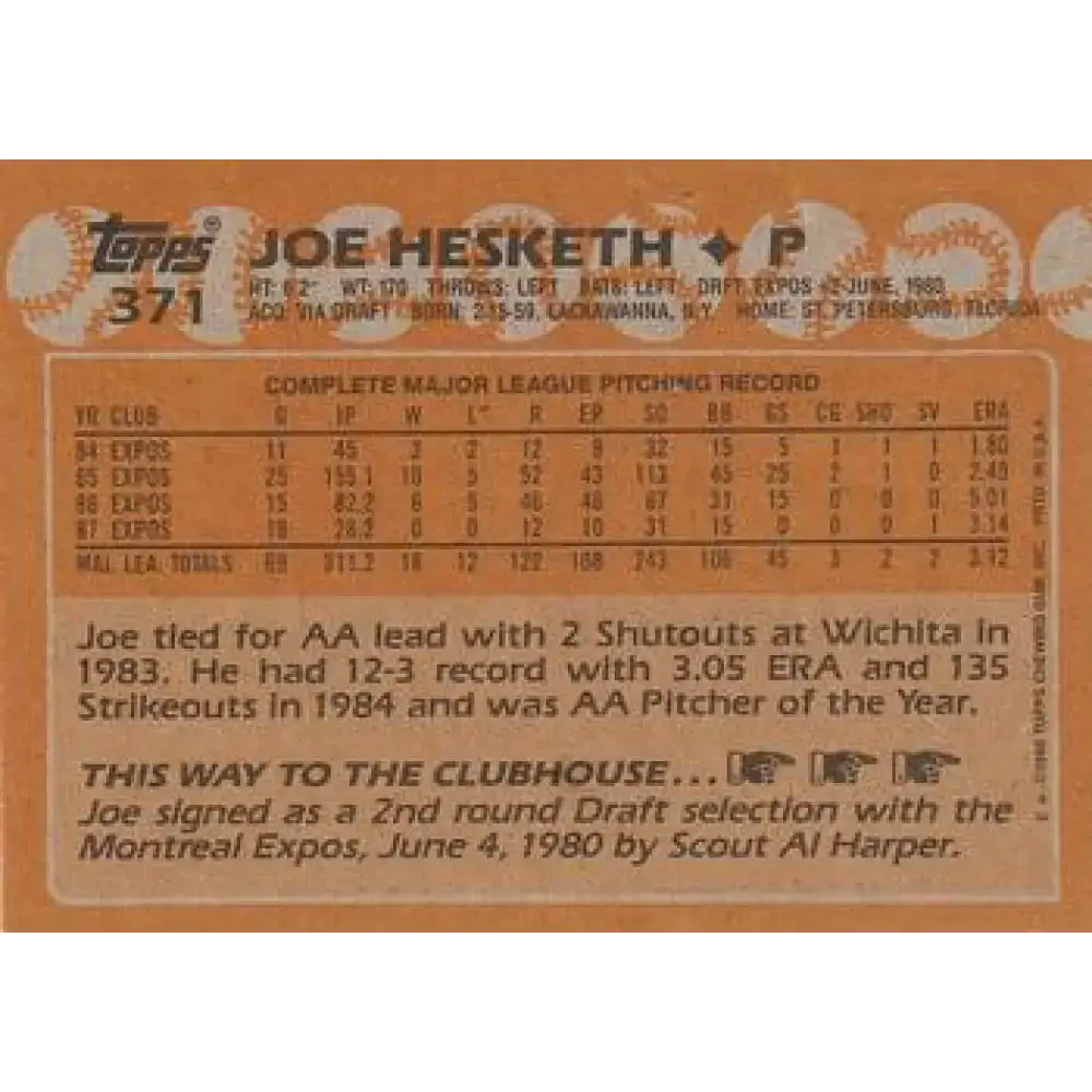 1988 Topps #371 Joe Hesketh NM-MT Montreal Expos Baseball Card - Baseball Card Single