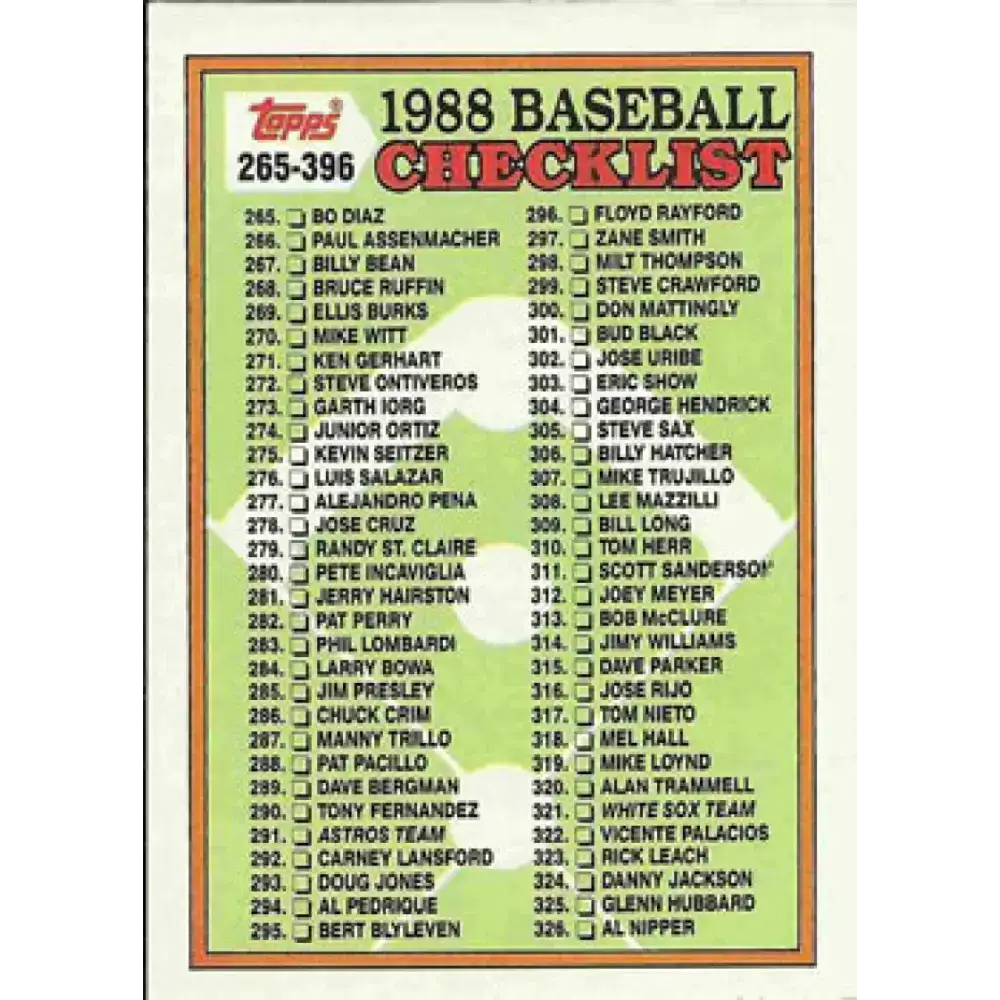 1988 Topps #373 Checklist 265-396 NM-MT Checklist Baseball Card - Baseball Card Single