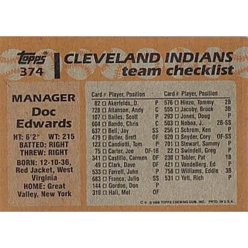1988 Topps #374 Doc Edwards NM-MT Cleveland Indians Baseball Card - Baseball Card Single