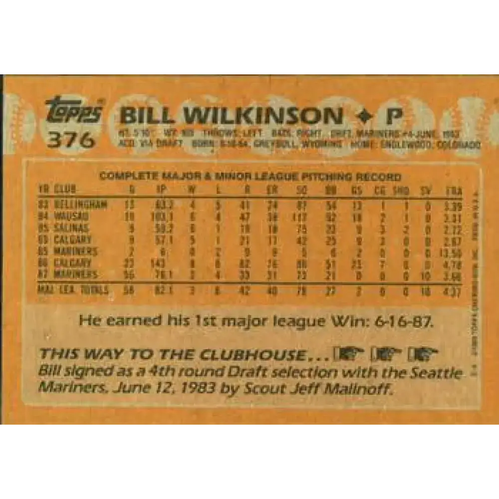 1988 Topps #376 Bill Wilkinson NM-MT Seattle Mariners Baseball Card - Baseball Card Single