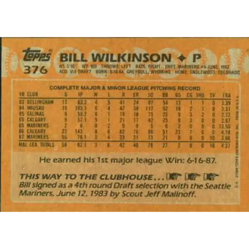 1988 Topps #376 Bill Wilkinson NM-MT Seattle Mariners Baseball Card - Baseball Card Single