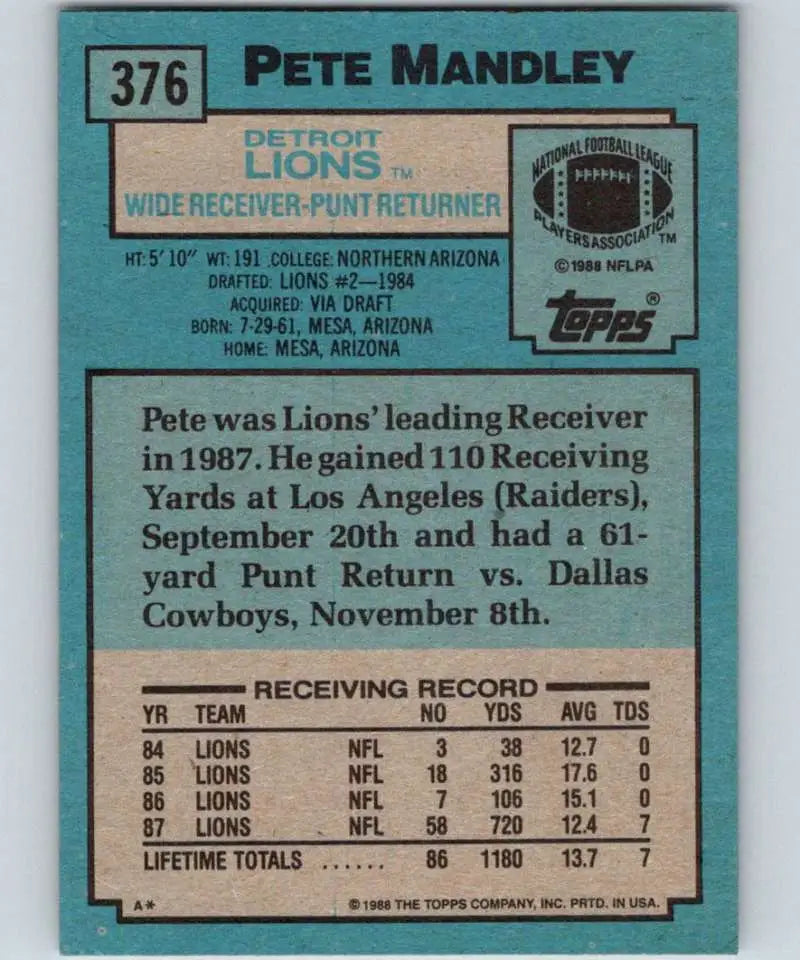 1988 Topps #376 Pete Mandley EX Excellent Detroit Lions Football Card