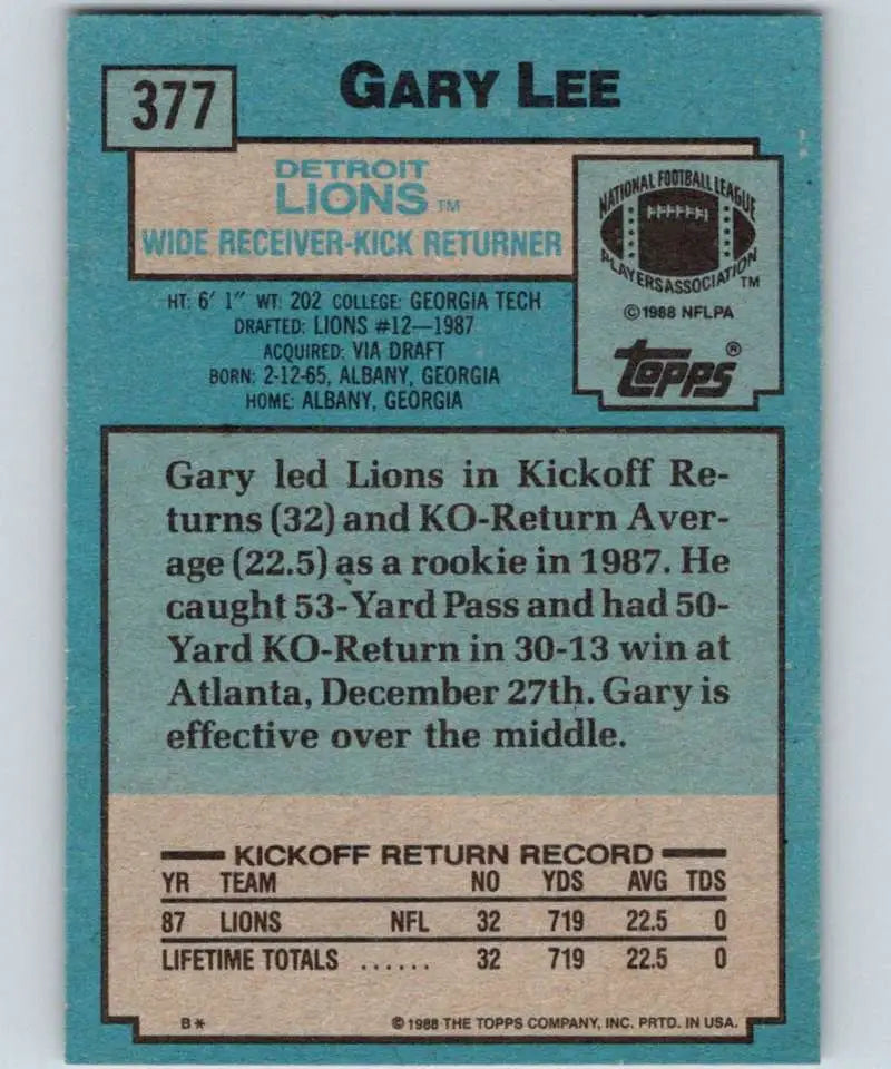 1988 Topps #377 Gary Lee EX Excellent RC Rookie Detroit Lions Football Card - Football Card Single