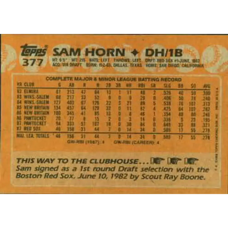 1988 Topps #377 Sam Horn NM-MT RC Rookie Boston Red Sox Baseball Card - Baseball Card Single