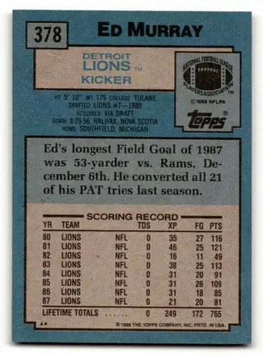 Original gloss Ed Murray Detroit Lions football card back from 1988 Topps #378