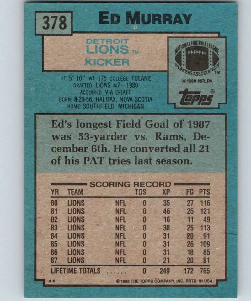 1988 Topps #378 Eddie Murray EX Excellent Detroit Lions Football Card - Football Card Single