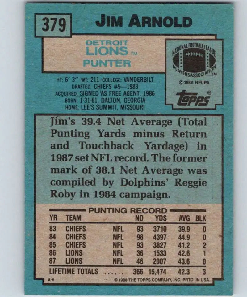 1988 Topps #379 Jim Arnold EX Excellent Detroit Lions Football Card - Football Card Single