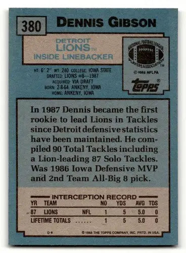 Back of 1988 Topps Dennis Gibson Detroit Lions football card showing player details