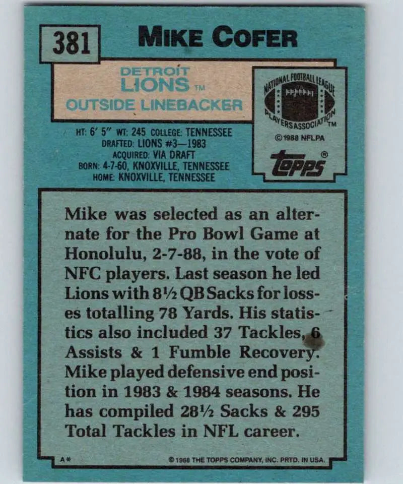 1988 Topps #381 Michael Cofer EX Excellent Detroit Lions Football Card - Football Card Single