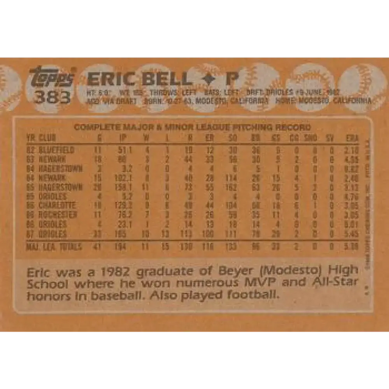1988 Topps #383 Eric Bell NM-MT Baltimore Orioles Baseball Card - Baseball Card Single