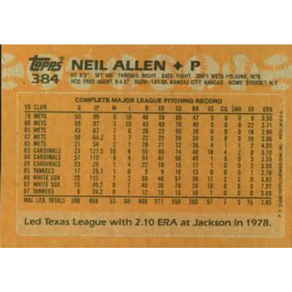 1988 Topps #384 Neil Allen NM-MT New York Yankees Baseball Card - Baseball Card Single
