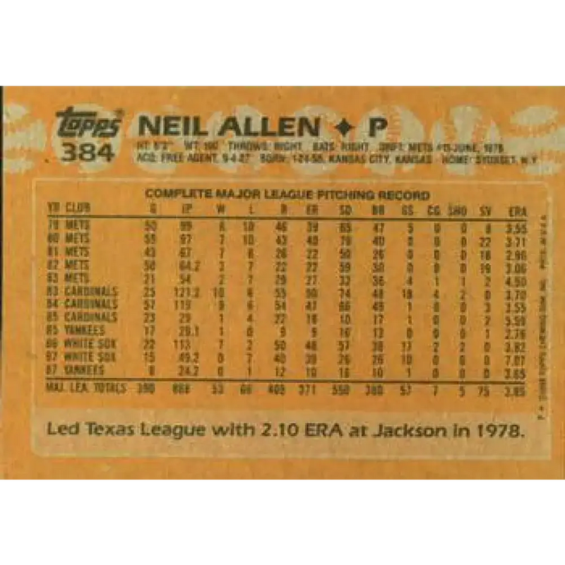 1988 Topps #384 Neil Allen NM-MT New York Yankees Baseball Card - Baseball Card Single