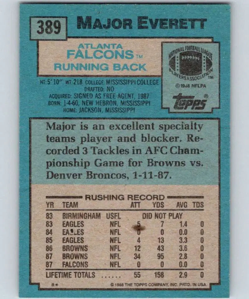 1988 Topps #389 Major Everett EX Excellent Atlanta Falcons Football Card - Football Card Single