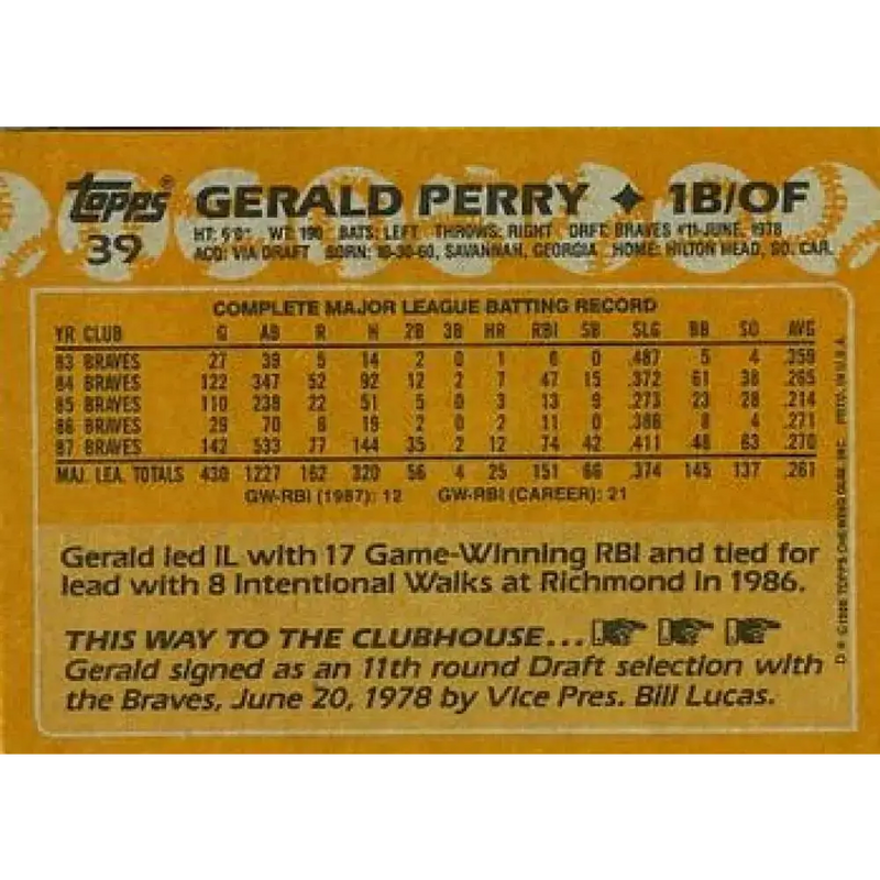 1988 Topps #39 Gerald Perry NM-MT Atlanta Braves Baseball Card
