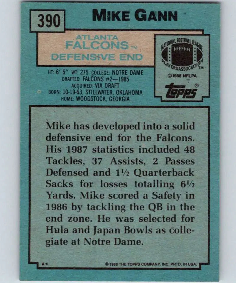 1988 Topps #390 Mike Gann EX Excellent Atlanta Falcons Football Card - Football Card Single