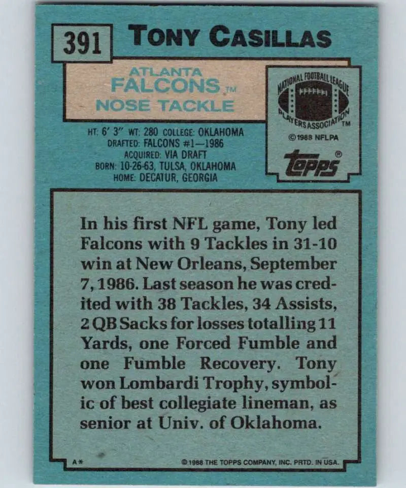 1988 Topps #391 Tony Casillas EX Excellent RC Rookie Atlanta Falcons Football Card - Football Card Single