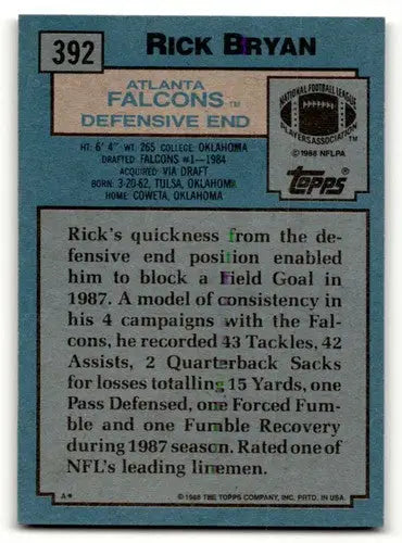 Original gloss 1988 Topps Rick Bryan Atlanta Falcons football card featuring Bryan Atlanta Falcons player
