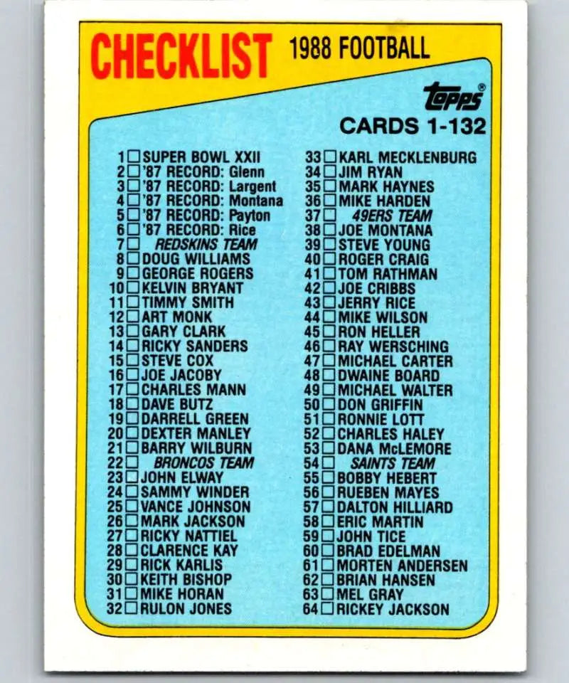 1988 Topps #394 Checklist 1-132 EX Excellent Football Card - Football Card Single