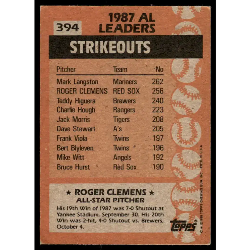 1988 Topps #394 Roger Clemens EX/NM Boston Red Sox Baseball Card - Baseball Card Single