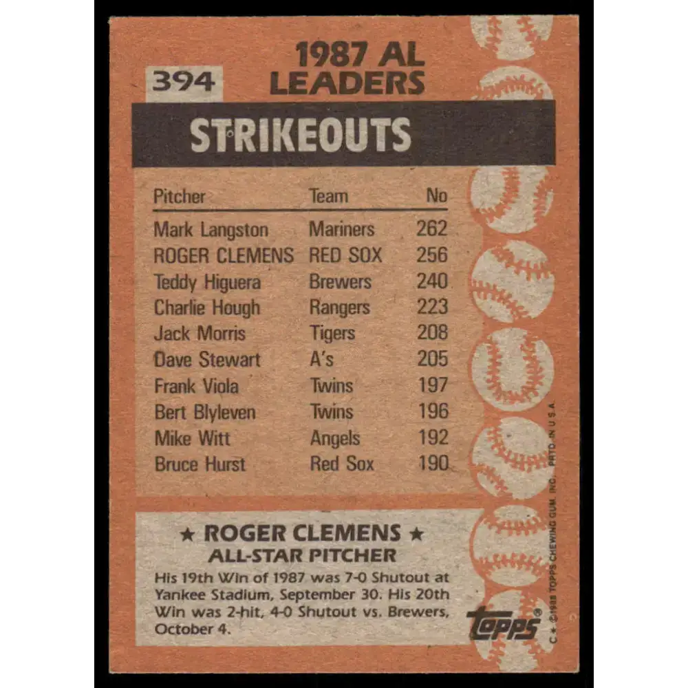 1988 Topps #394 Roger Clemens EX/NM Boston Red Sox Baseball Card - Baseball Card Single